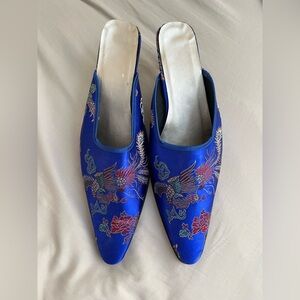 Chinese Satin Slippers Royal Blue Floral Size 10